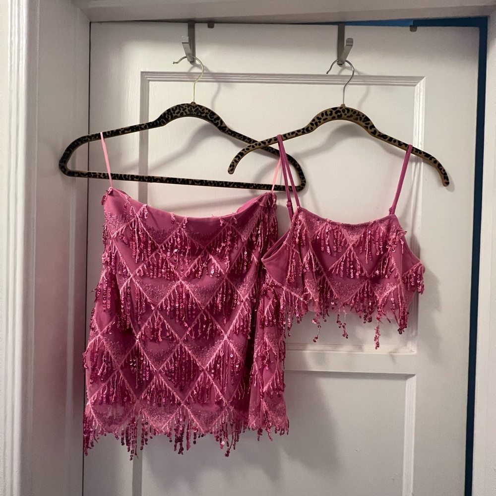 Sincerely Jules Taylor Swift 1989 Sequins Skirt Crop Tank Top Pink Set small